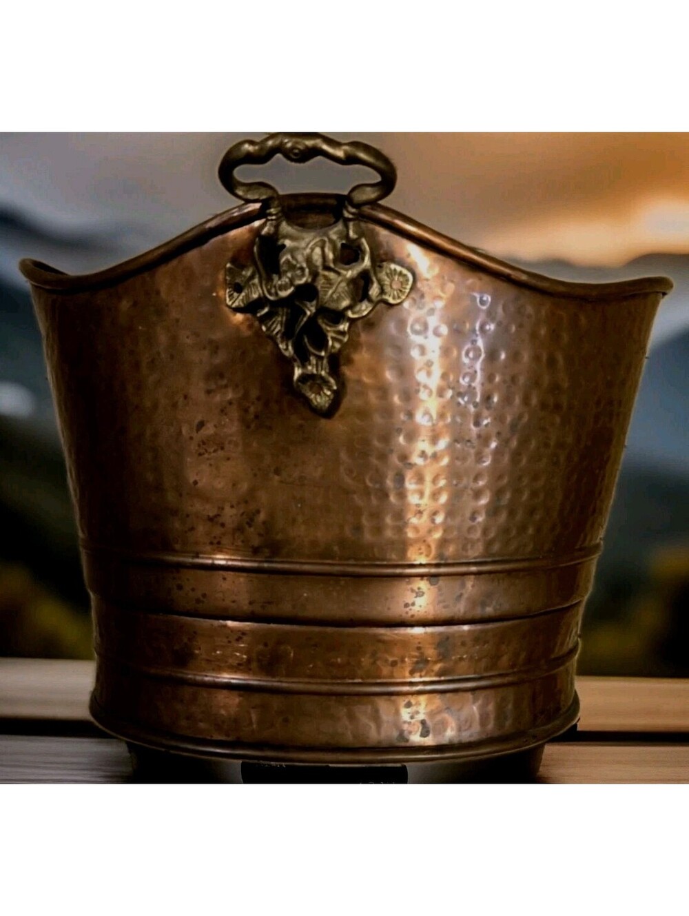 Vintage Large Hammered Copper & Brass Handles Bucket Coal Scuttle Kindling Pot